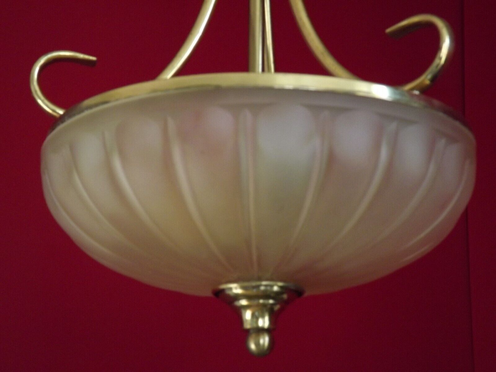 French mid century 3 bulb brass semi flush ceiling light opaque glass shade