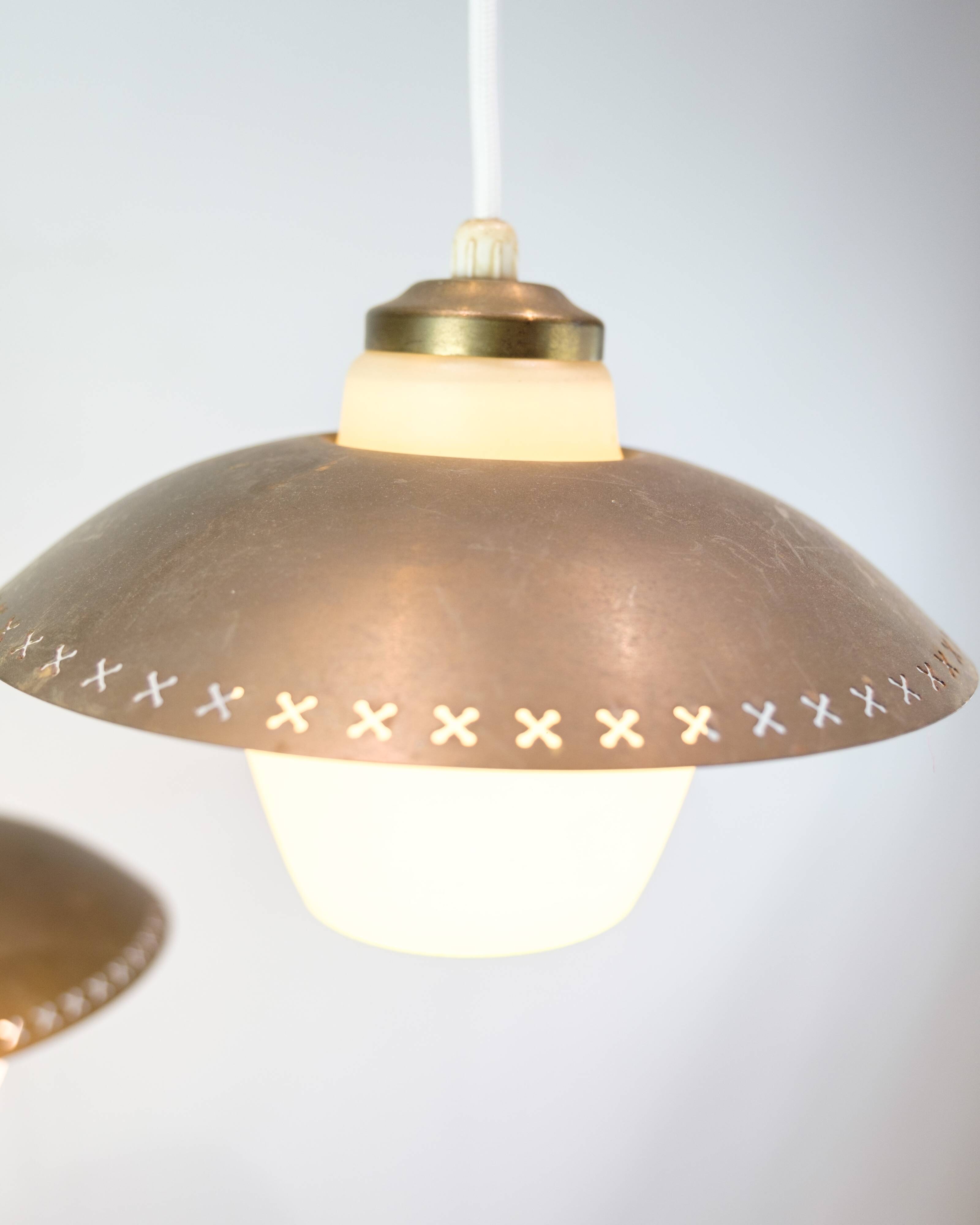 Vintage three-arm ceiling pendant – opal glass and brass – Bent Karlby –1950/60s