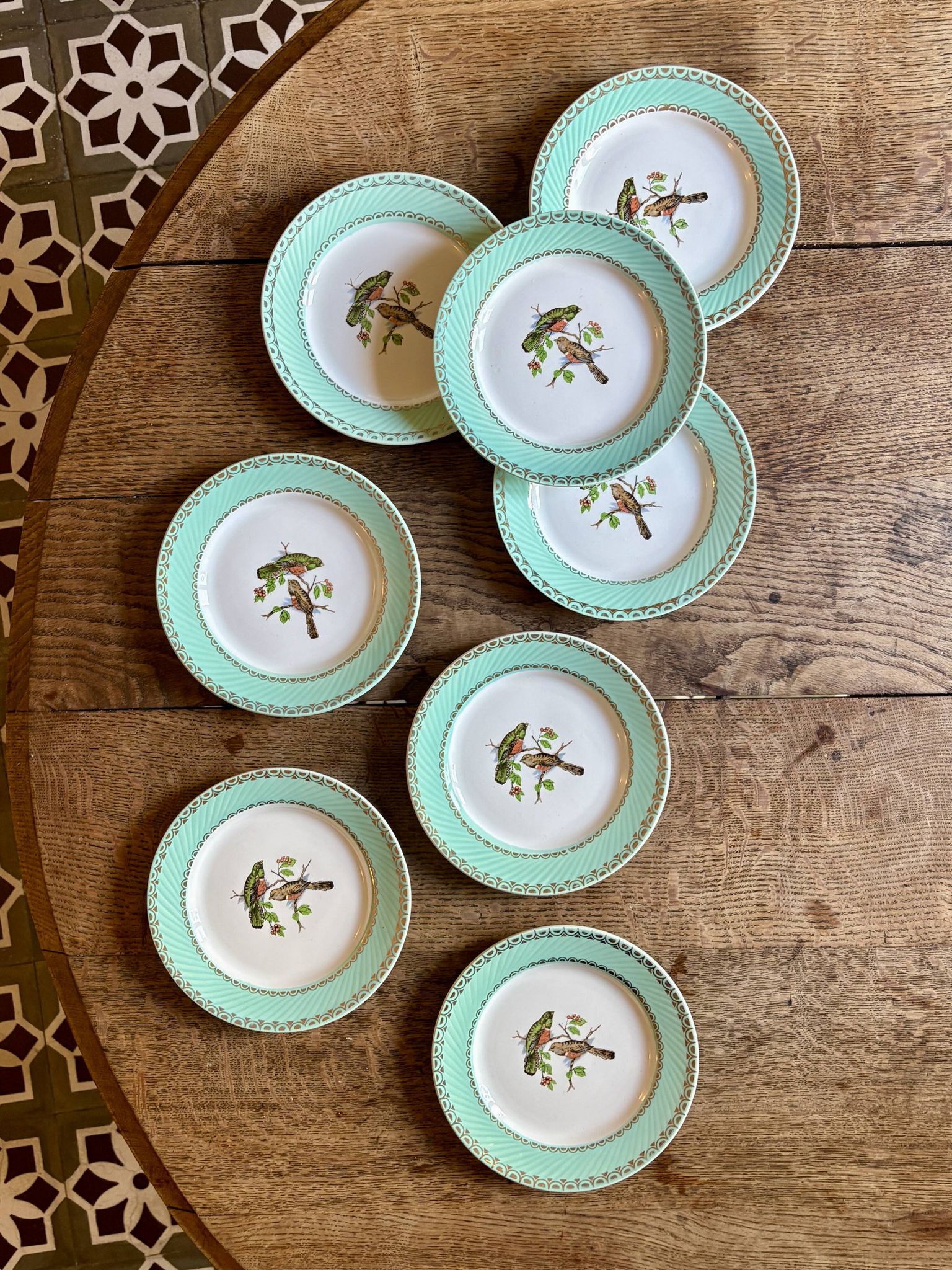 Lot de 8 assiettes à dessert vintage décors d'oiseaux