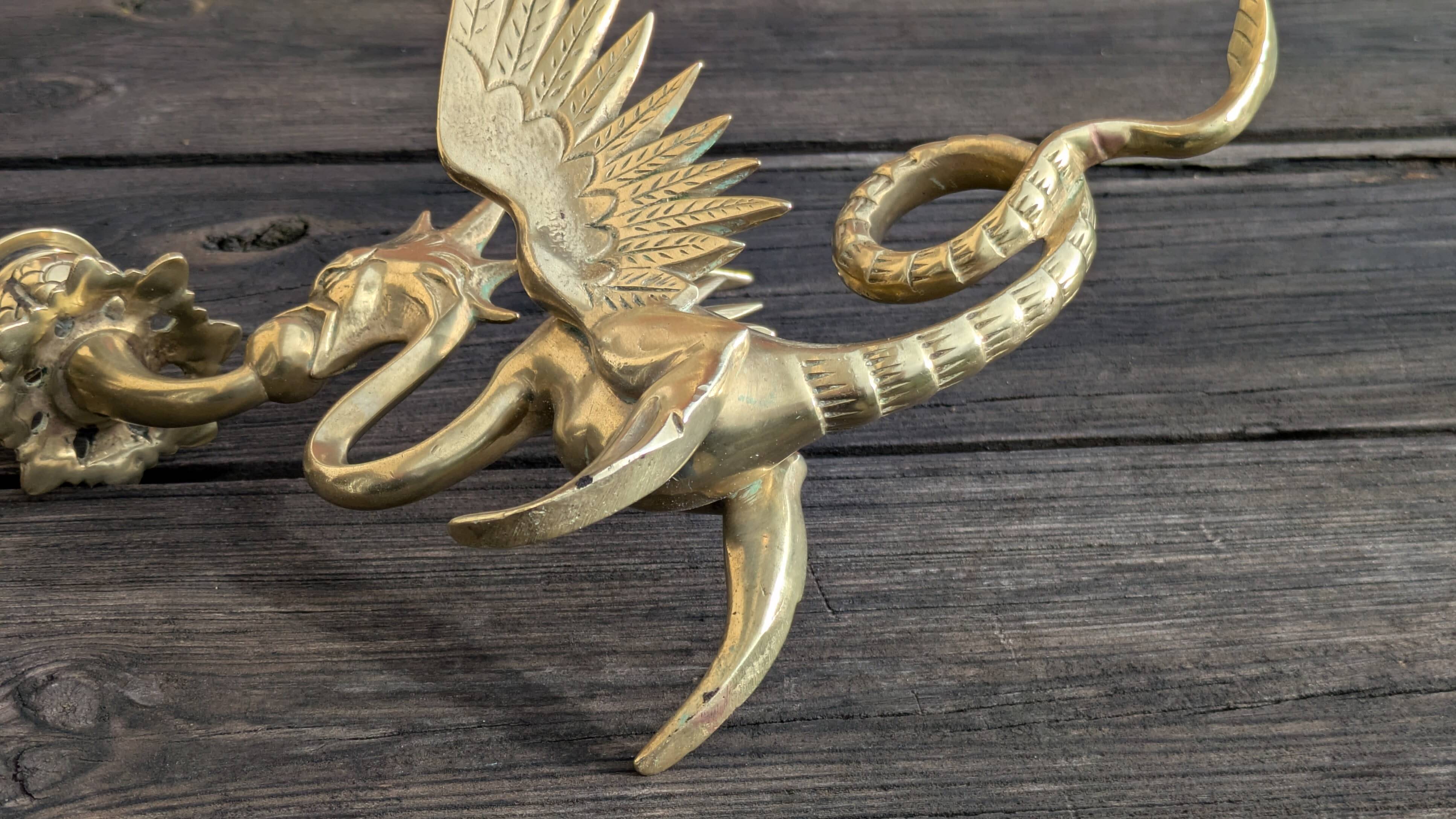 Large Brass Candlestick - Mythological Winged Griffin Dragon - Gothic