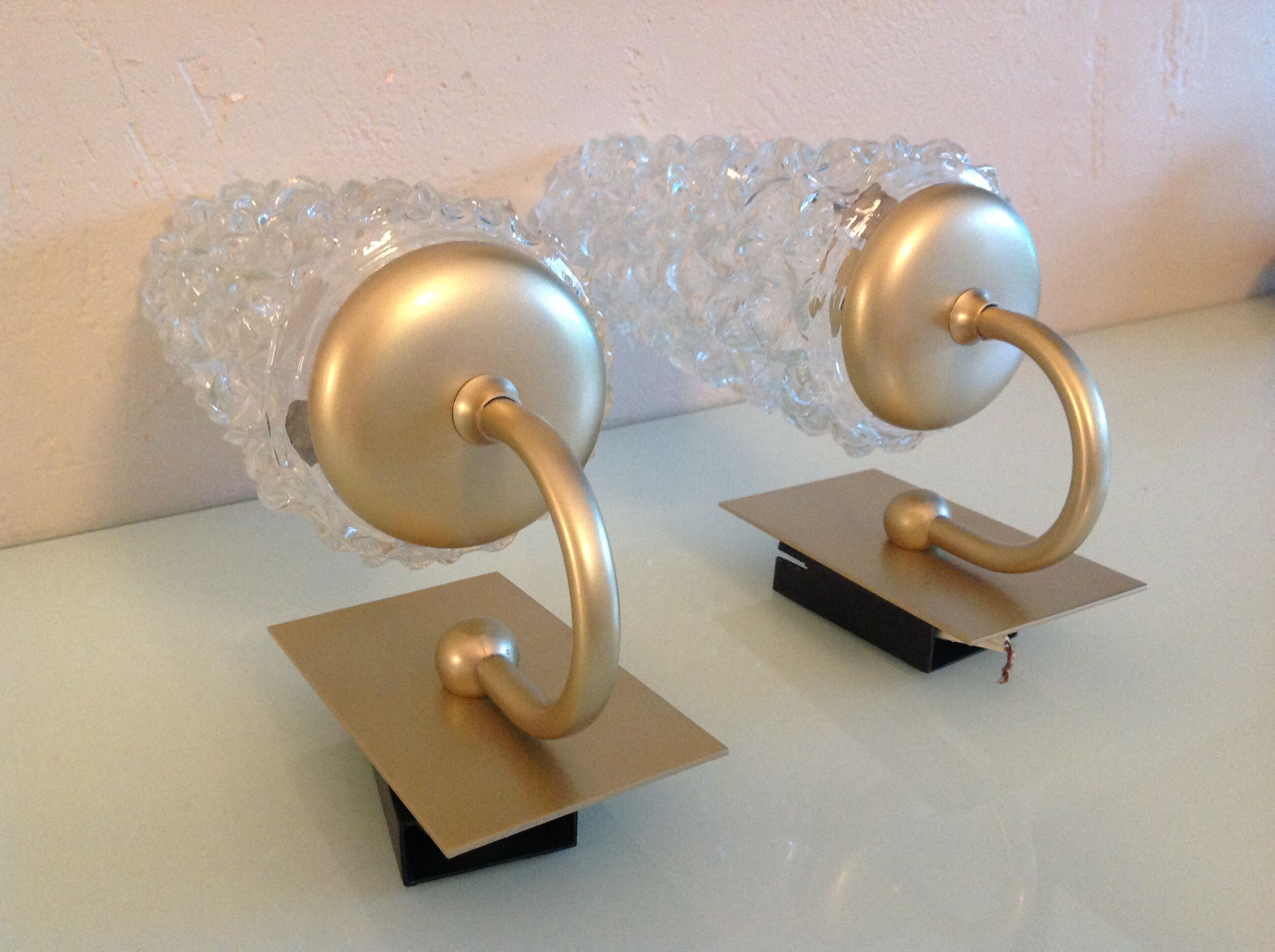 Pair of tulip glass and gold/vintage metal wall lamps 60/70