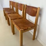 Suite of 4 chairs 60s in elm and leather Maison Regain
