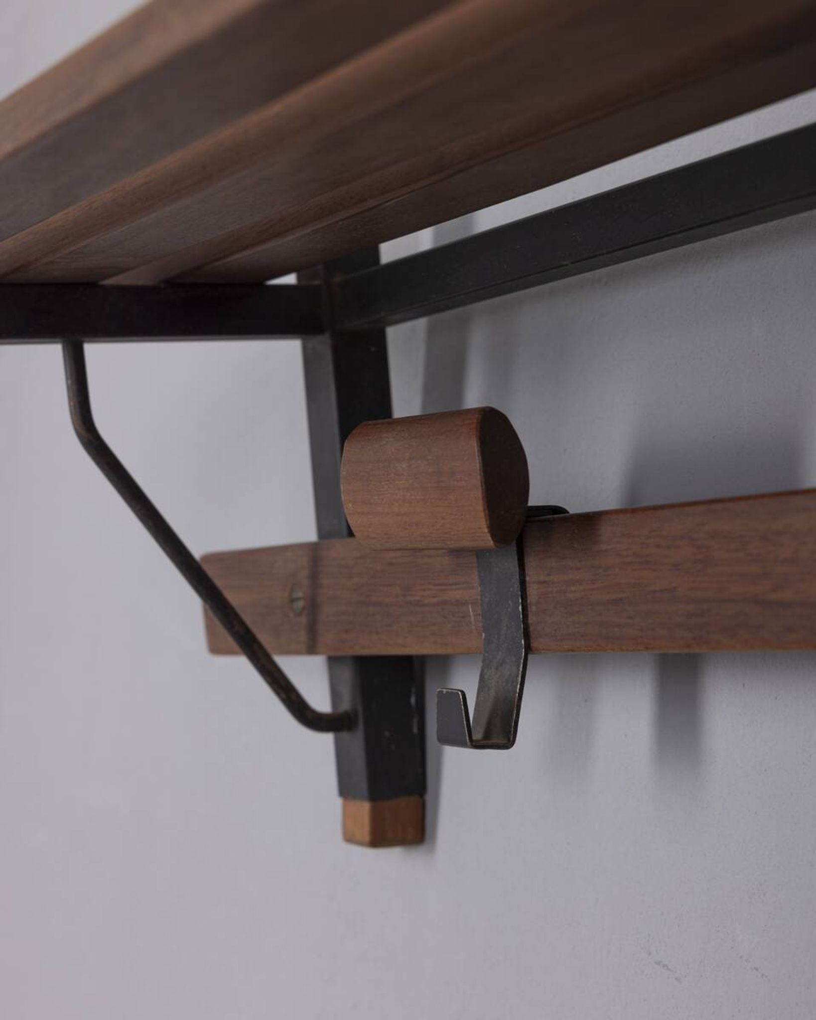 Vintage 1960s wall coat rack in metal and wood, italian design