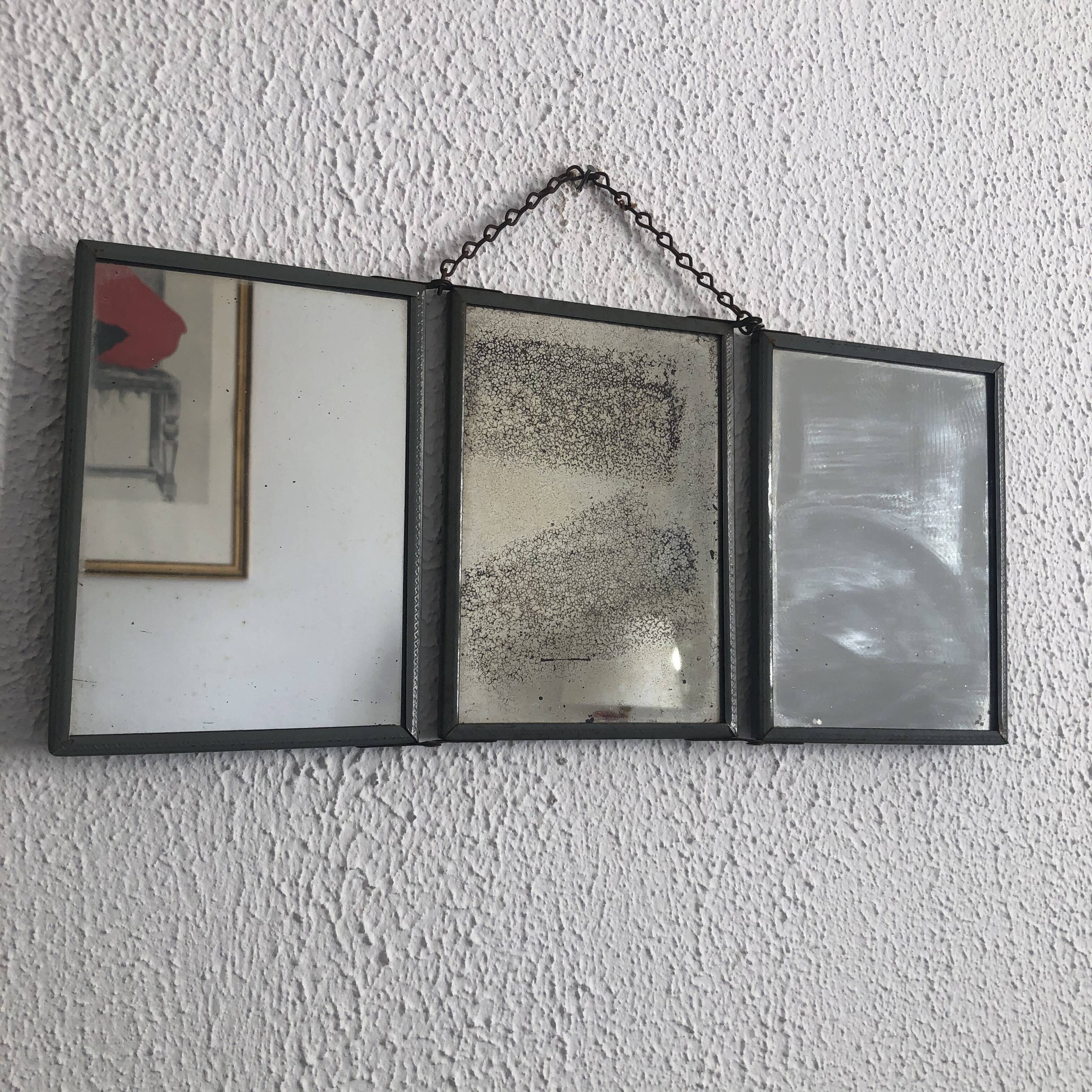 Vintage 1940 triptych mirror barber hairdresser boat sea - 16 x 37 cm