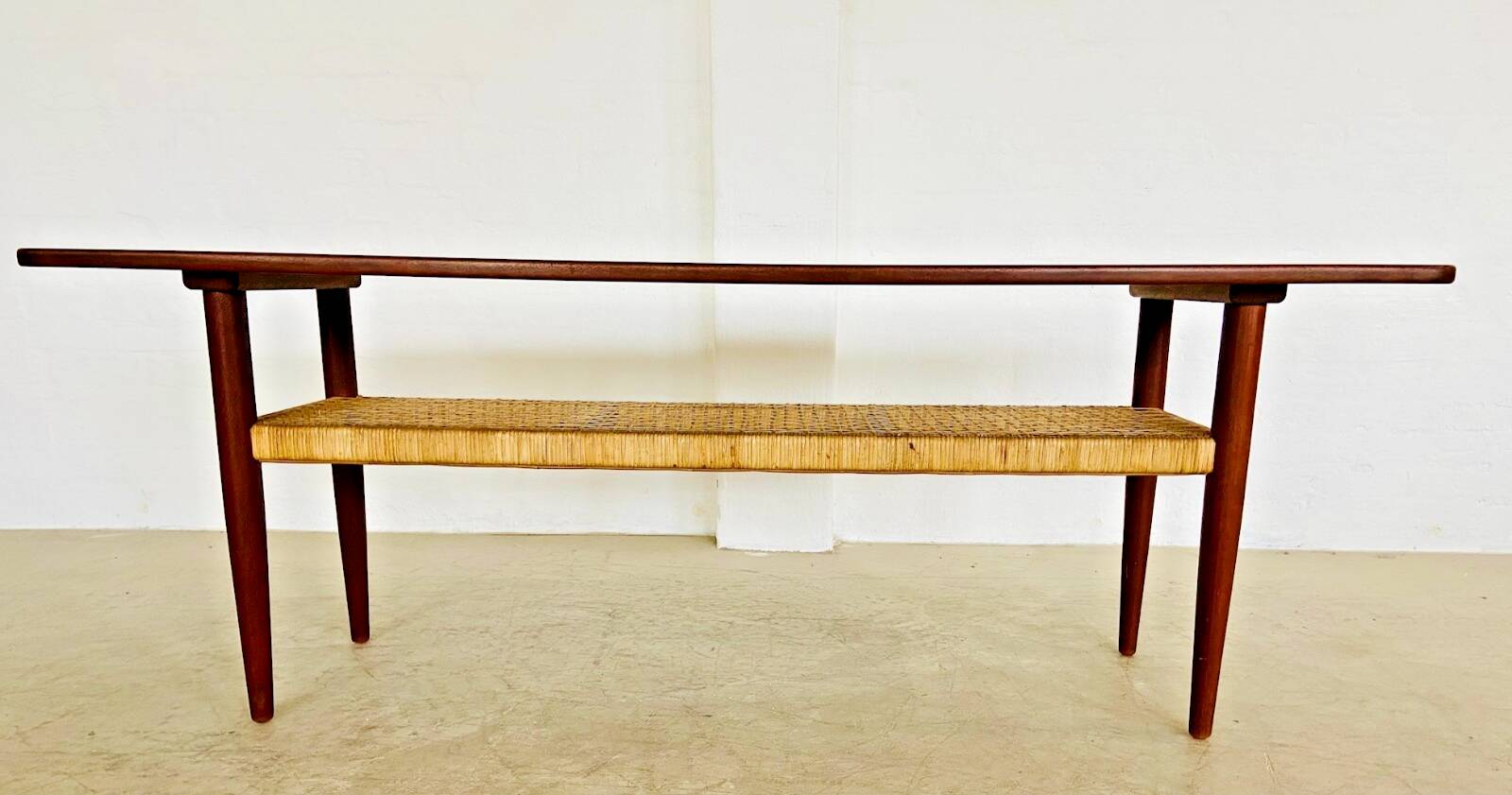 Vintage Danish mid-century teak and rattan coffee table 1960s