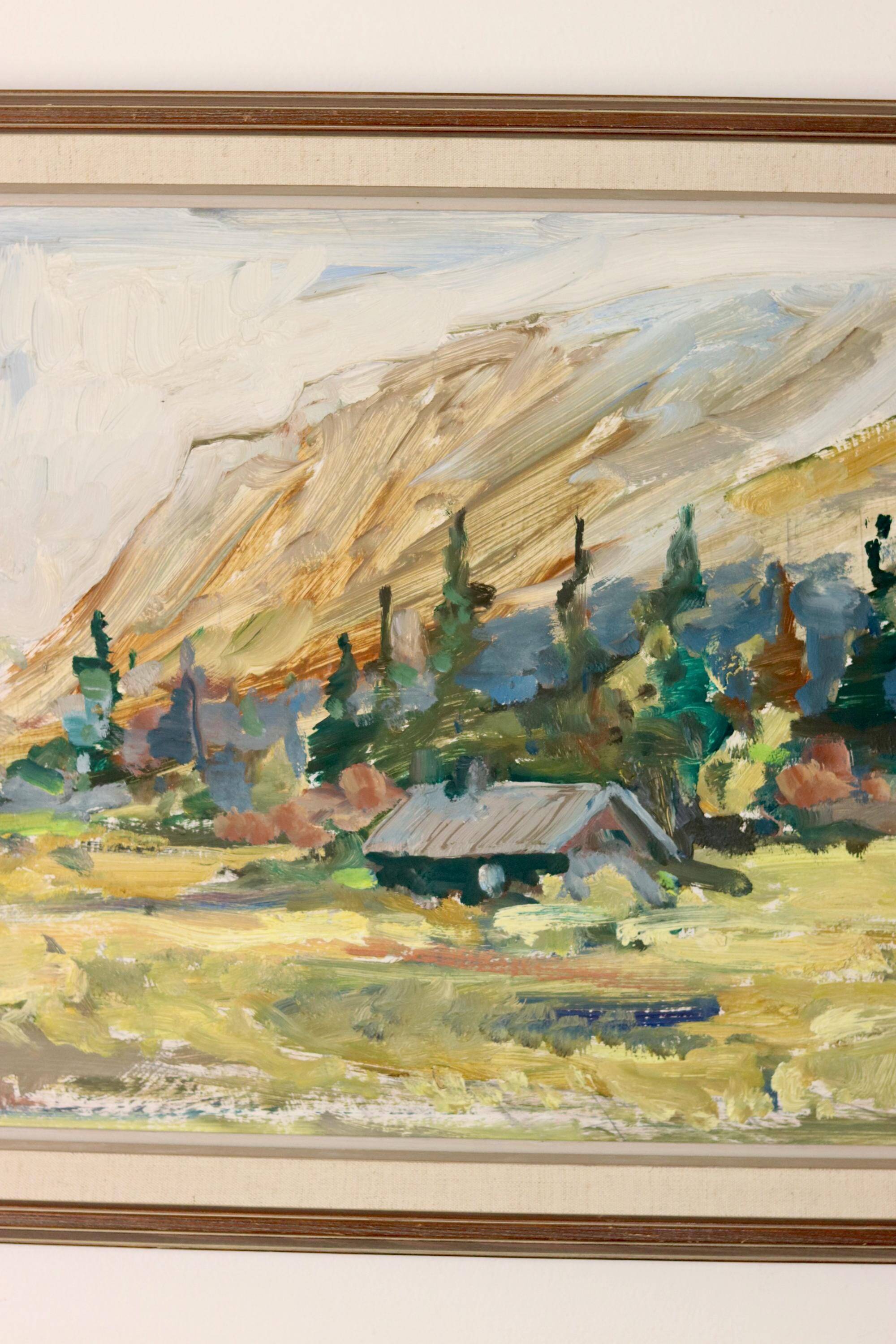 Oil painting on vintage panel "Mountain Cabin with Forest and Hills" - Vintage and framed