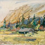 Oil painting on vintage panel "Mountain Cabin with Forest and Hills" - Vintage and framed