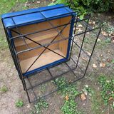 Square stool in black lacquered steel wire and blue leatherette circa 1970