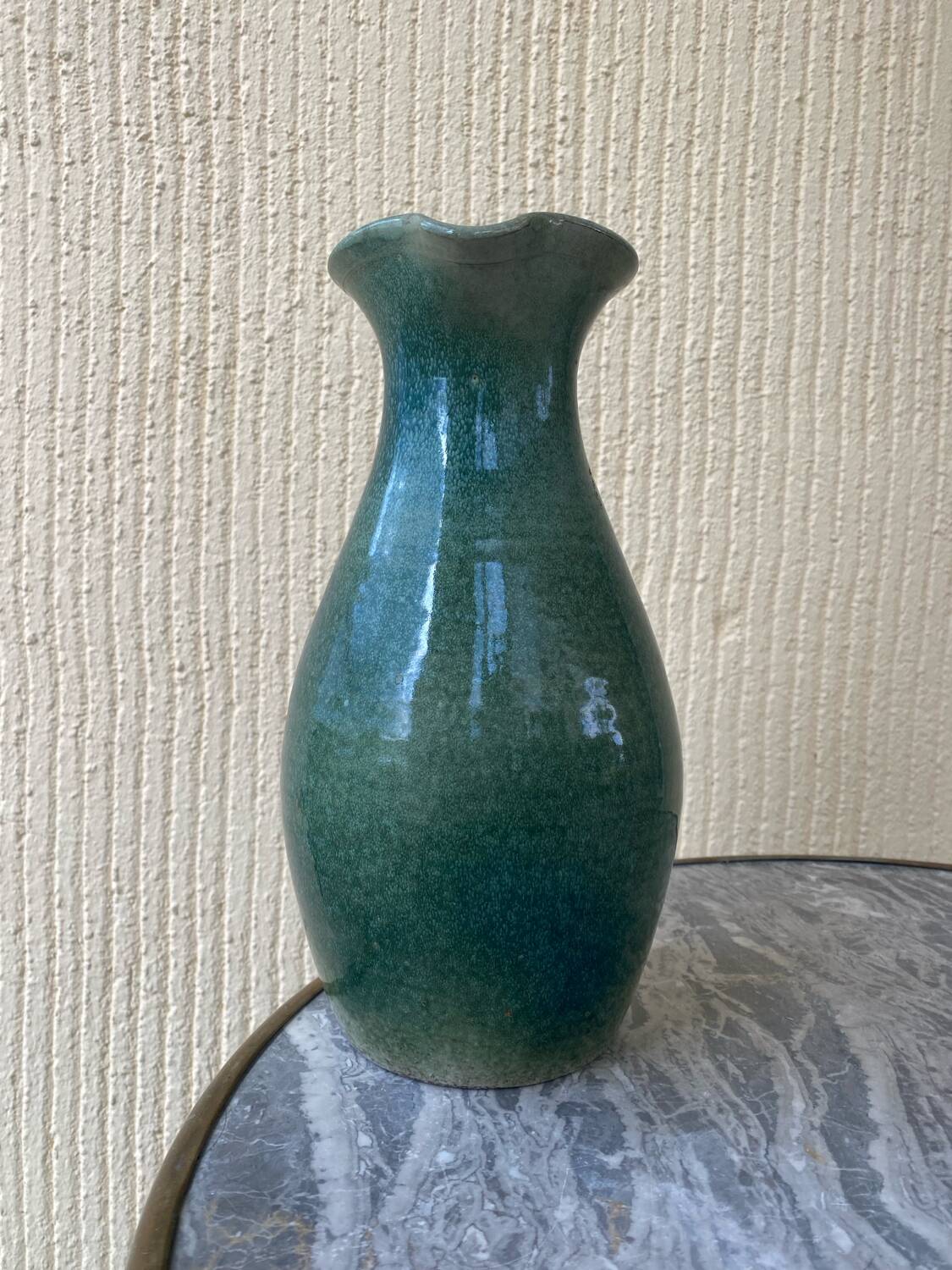 Vintage blue-green enamelled earthenware carafe