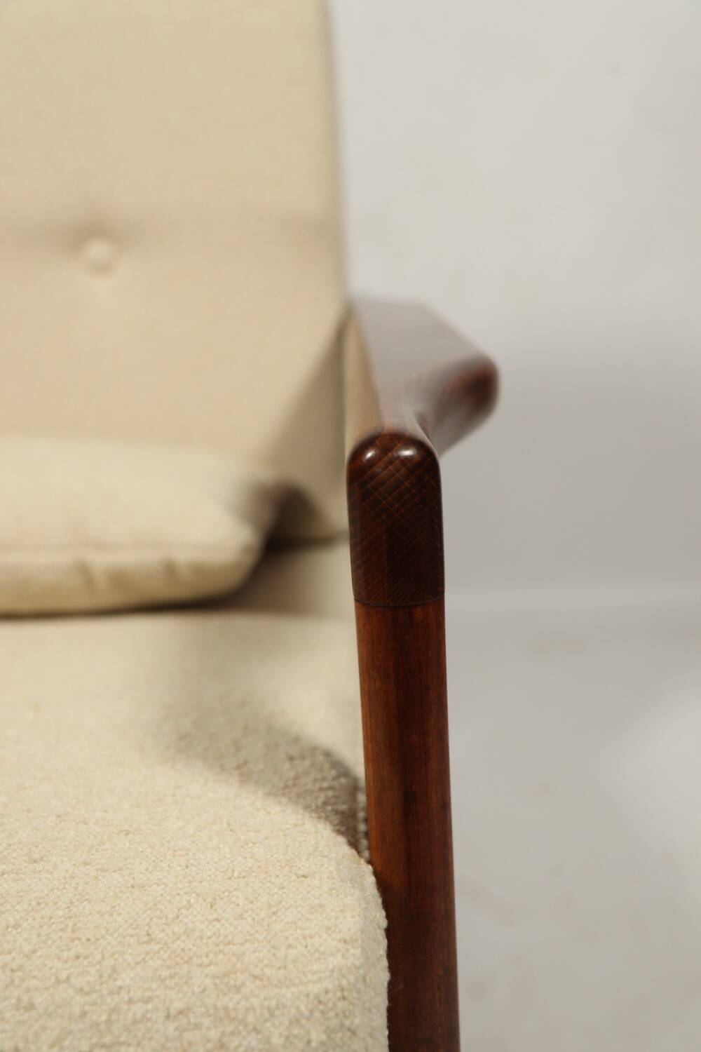 Vintage dark wood beige bouclé armchair by Z.Baczyk 1965