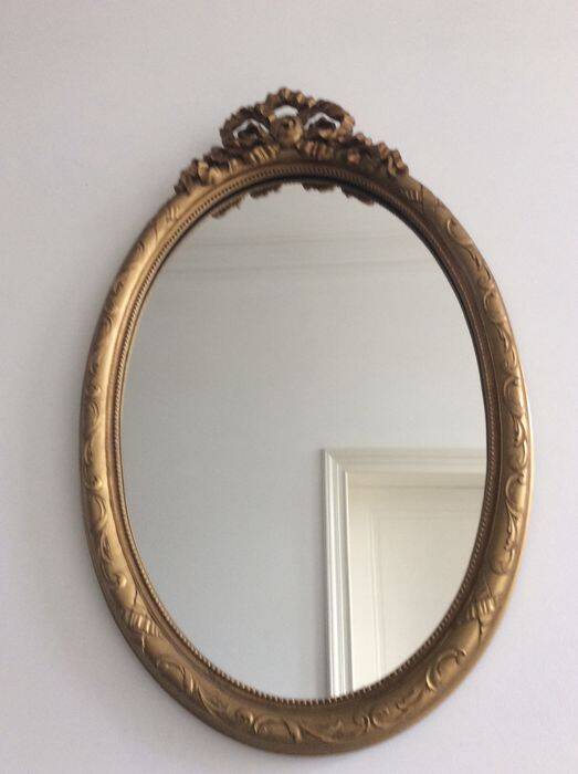 Large Baroque Mirror • Oval Arch • Carved Wood • Resin • 1950