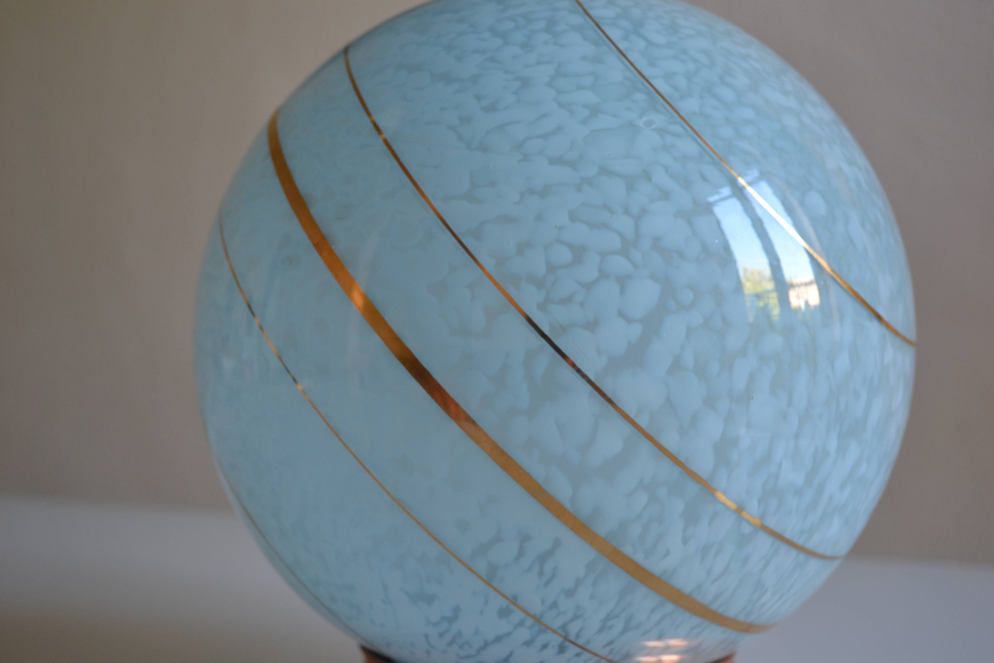 Art Deco table lamp with blue speckled opaline glass globe