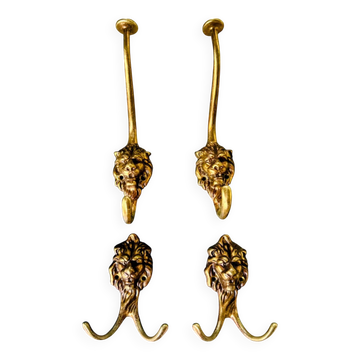 4 lion coat hooks in solid brass Art Nouveau