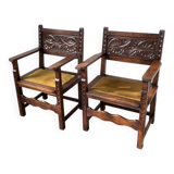 Paire de fauteuils style espagnol bois sculpté 1900