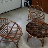 Paire fauteuils rotin et table