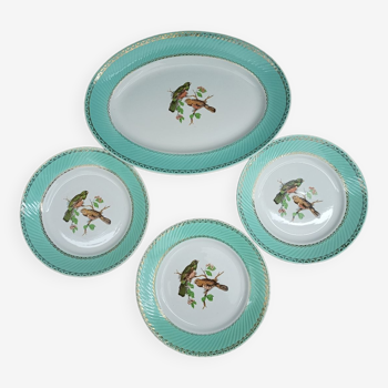 Lot 1 large oval dish and 3 bird plates Green background