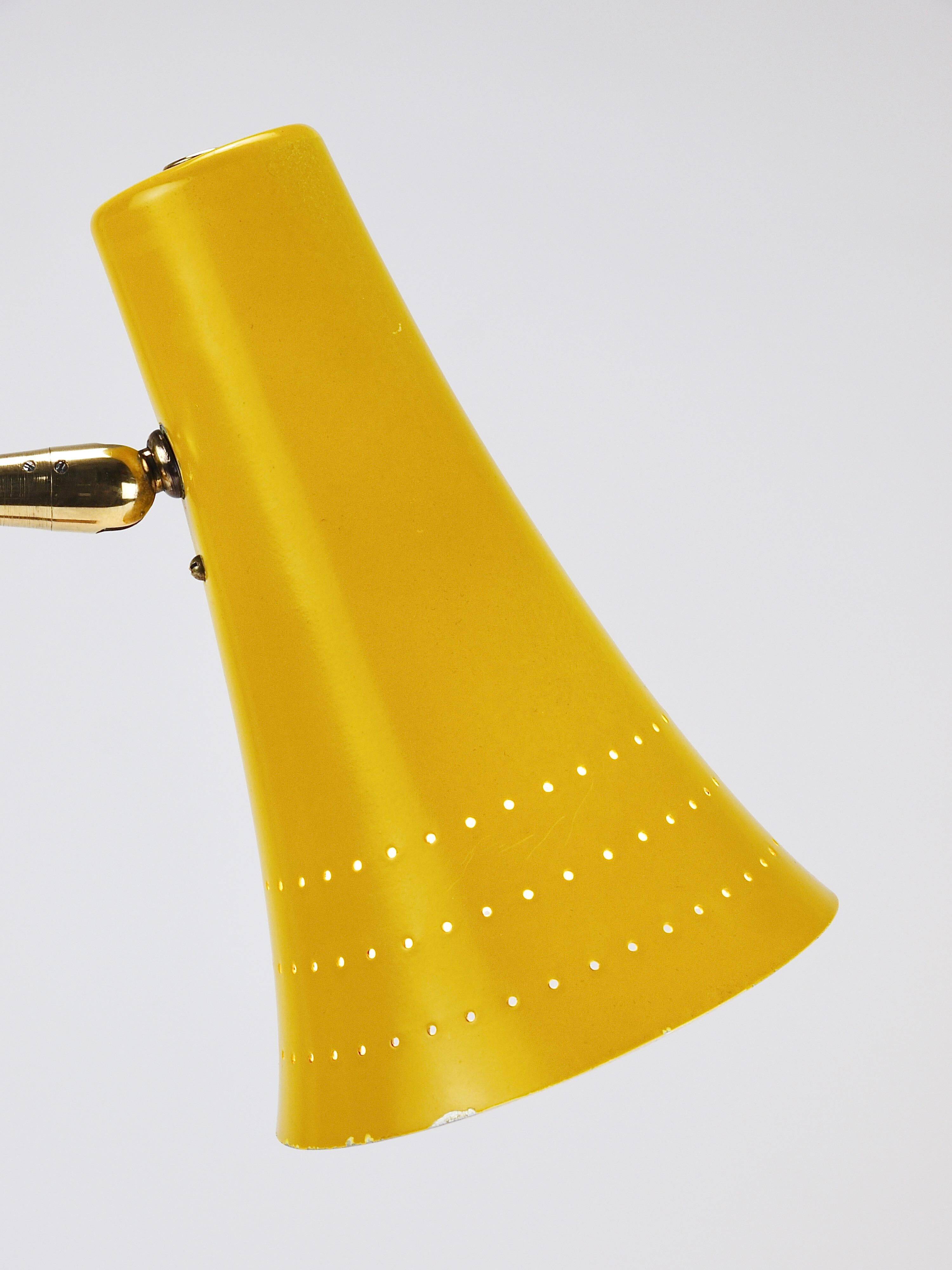 Yellow desk, table or accent lamp by J.T. Kalmar, brass and iron, Vienna, Austria, 1950s.
