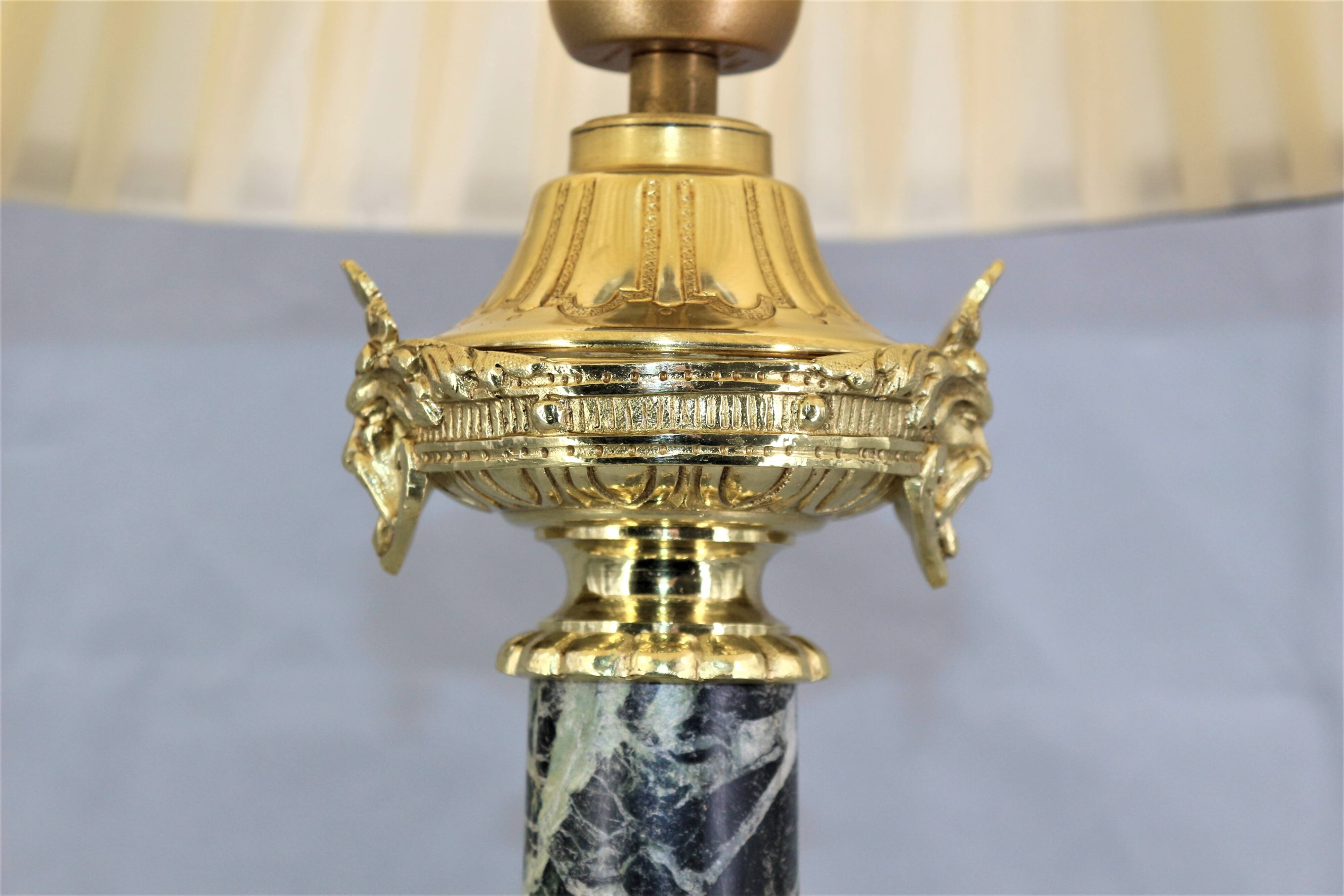 Lamp in gilded bronze & veined water green marble & pleated lampshade