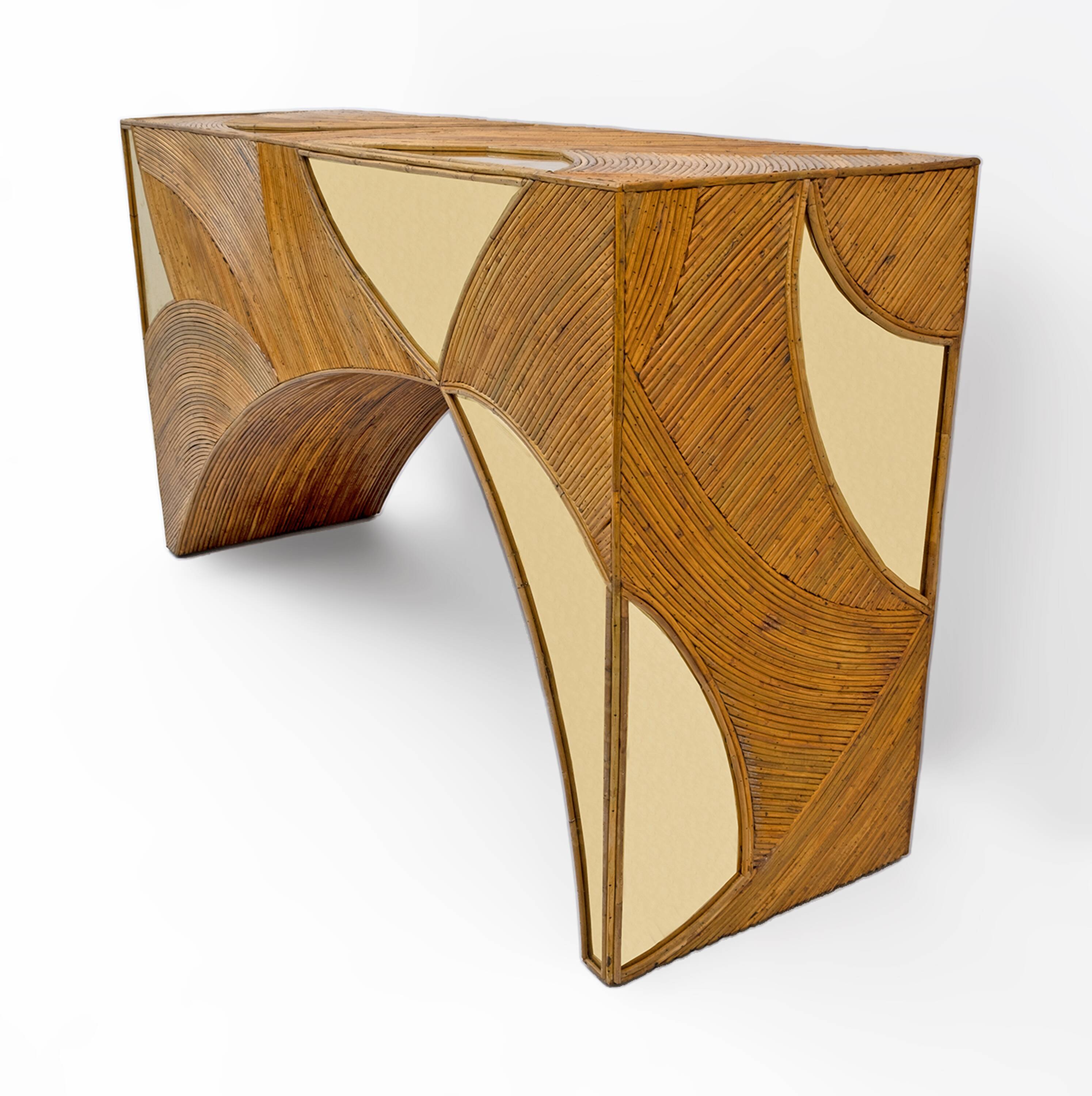 Mid-Century Modern Italian Rattan and Brass Center Console by Vivai del Sud