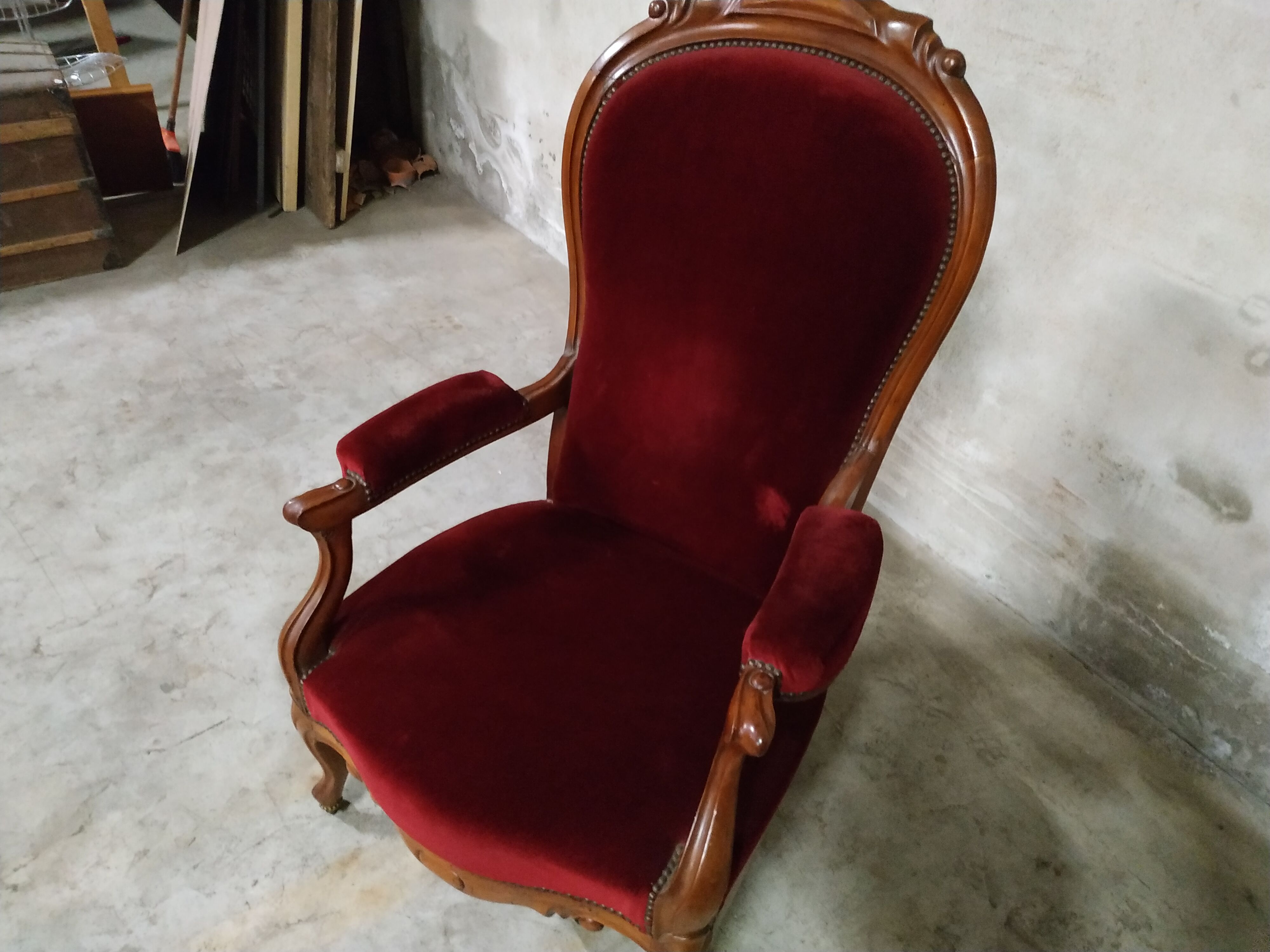 Walnut and velvet armchair