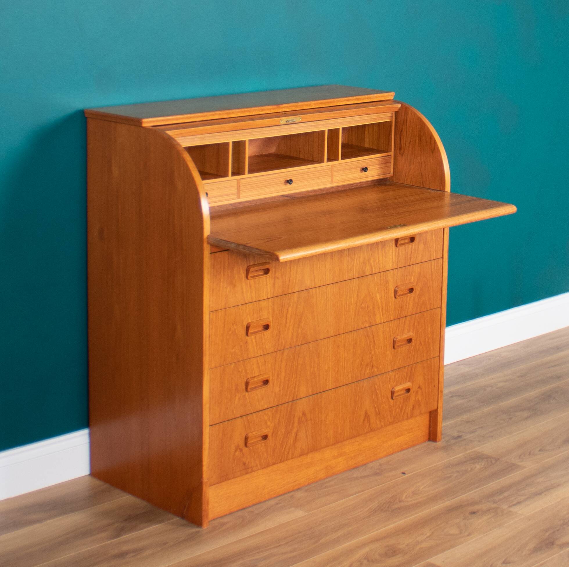 Retro Teak 1960s Danish Tambour Front Roll Top Bureau Writing Desk