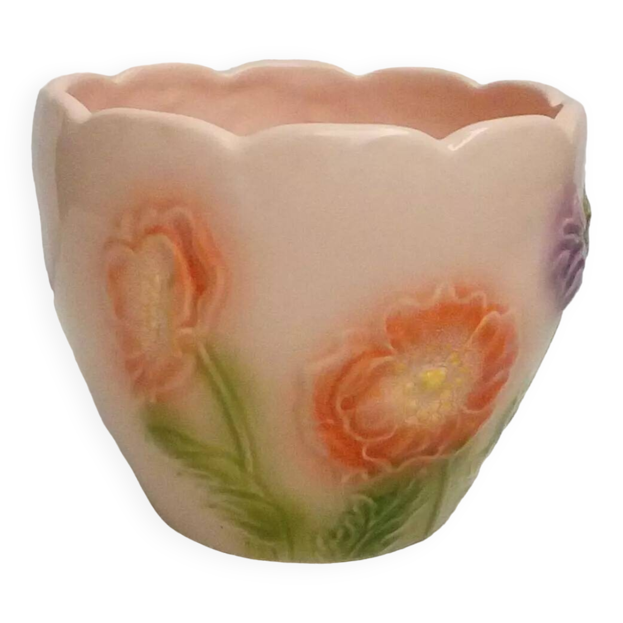 Barbotine earthenware planter with poppy flower decor