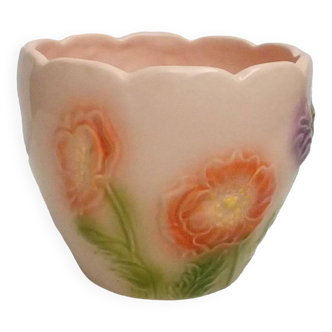 Barbotine earthenware planter with poppy flower decor