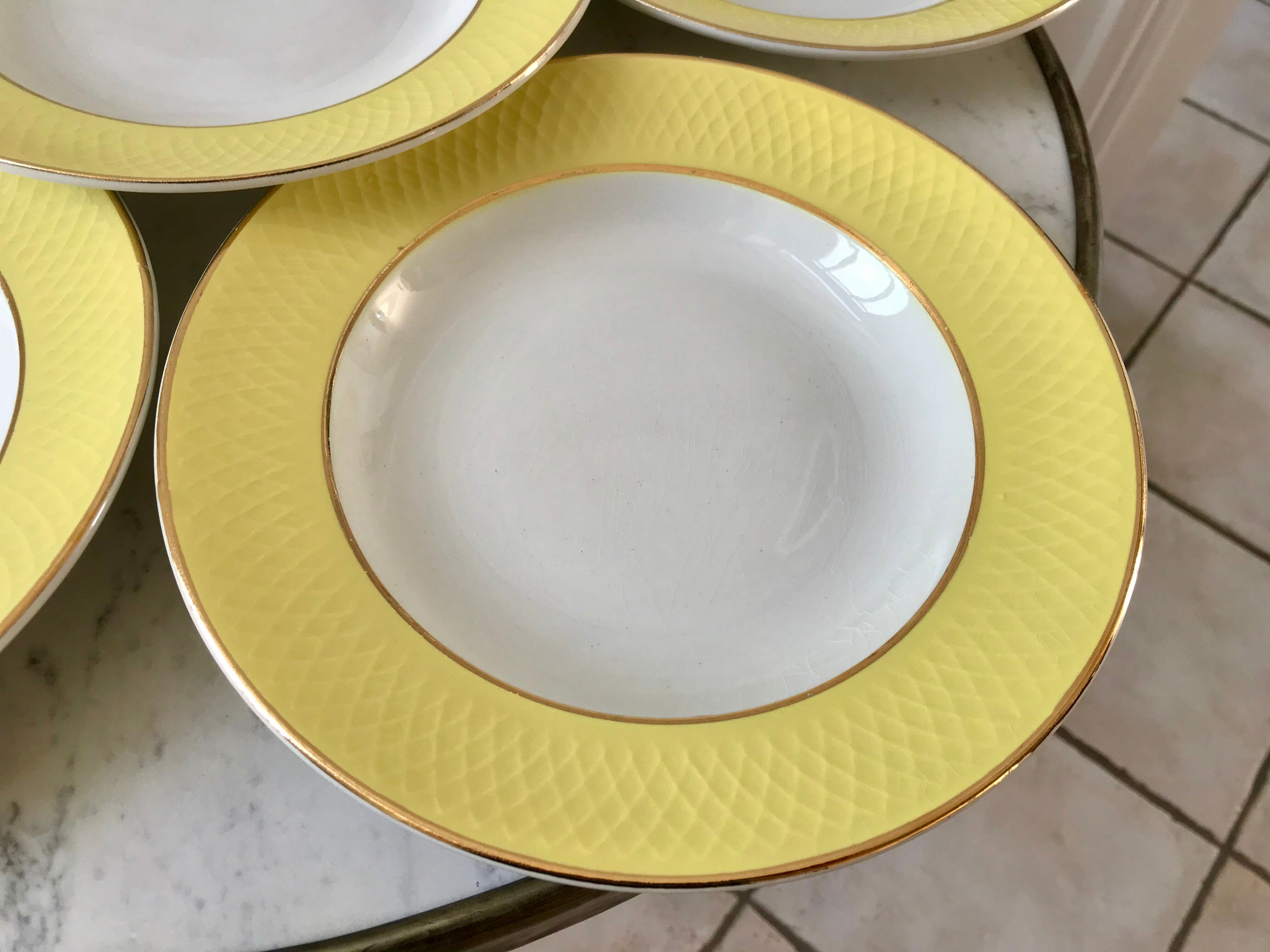 lot of 6 hollow plates Moulin des Loups textured canary yellow 50s