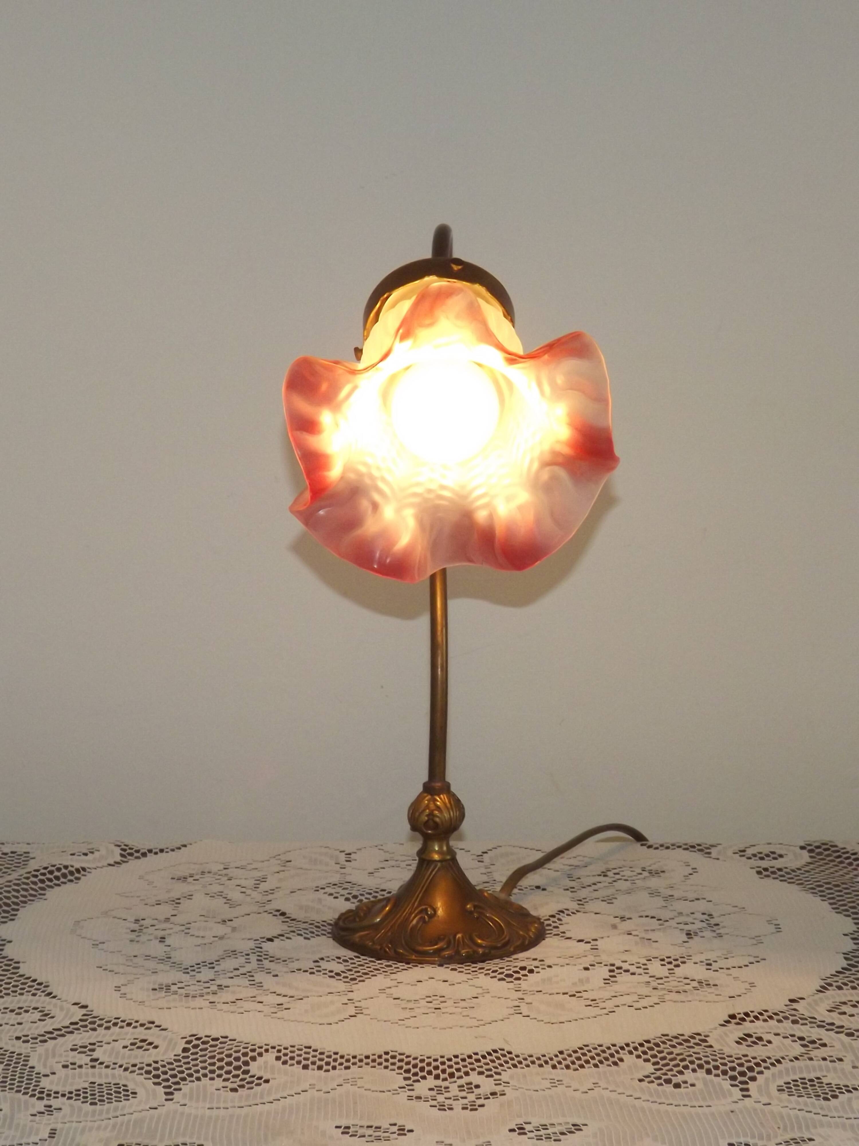 French Art Nouveau Brass Goose Neck Table Lamp White & Pink Glass Shade