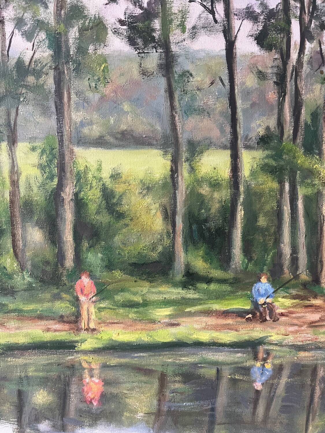 Fishermen at Brochard Pond, signed M. Louis, 1981