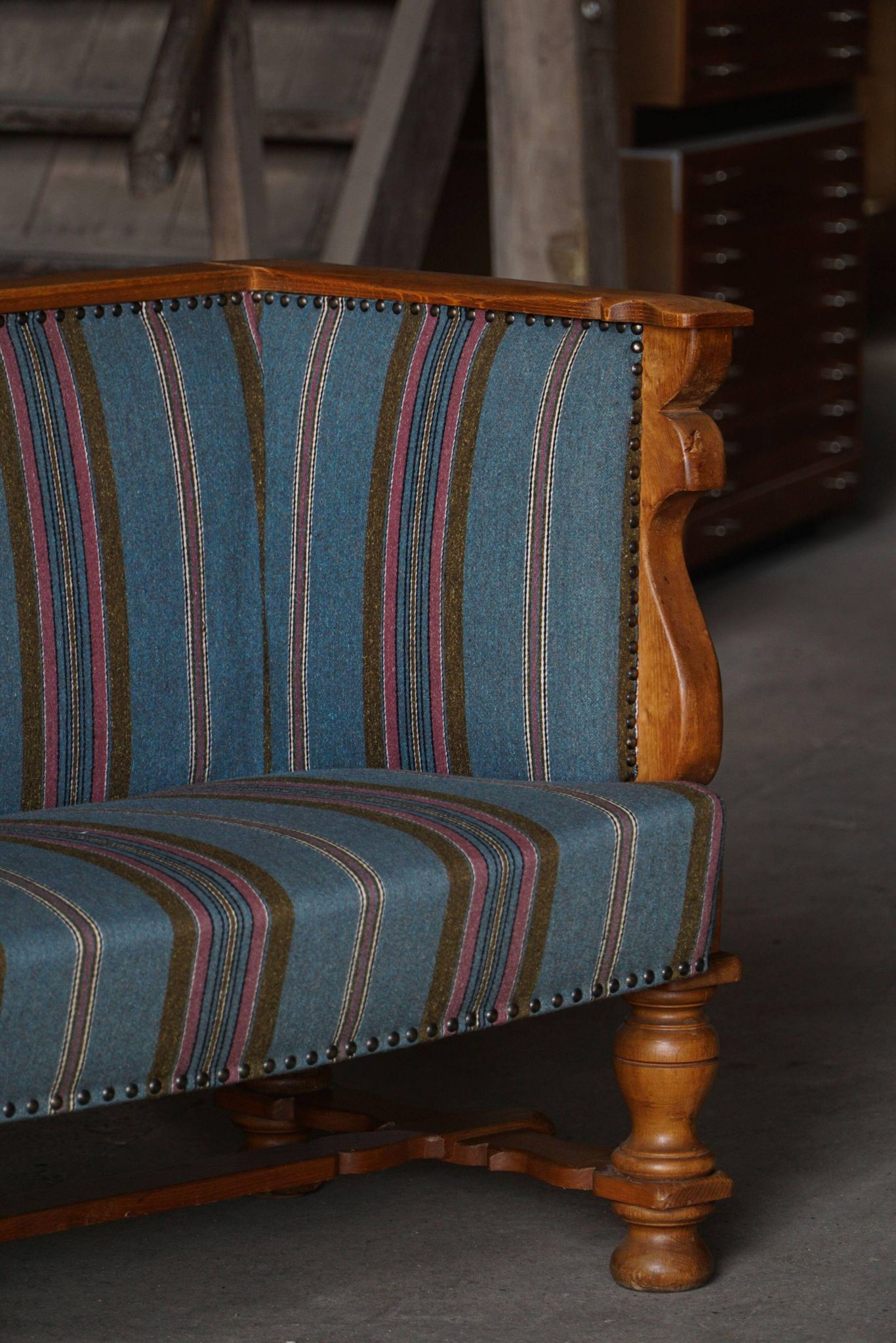Oak canapé adorned with original upholstery, Nordic classicism, Sweden, 1930s.