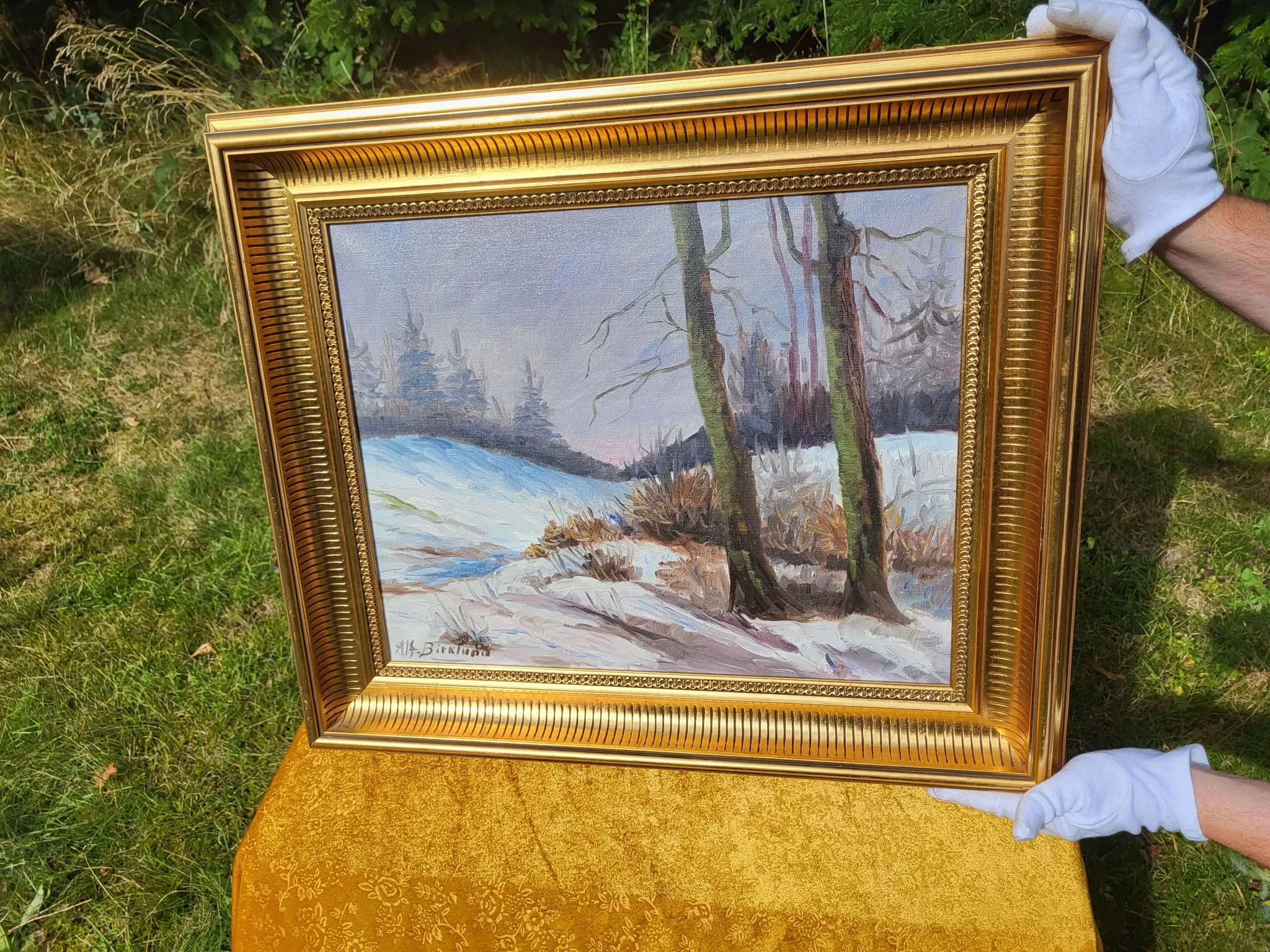 Vintage Winter Landscape with Birch Trees Oil Painting