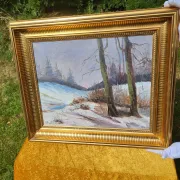Vintage Winter Landscape with Birch Trees Oil Painting