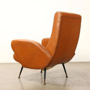 Small vintage armchair in faux leather, metal and brass, 1950s-1960s design.