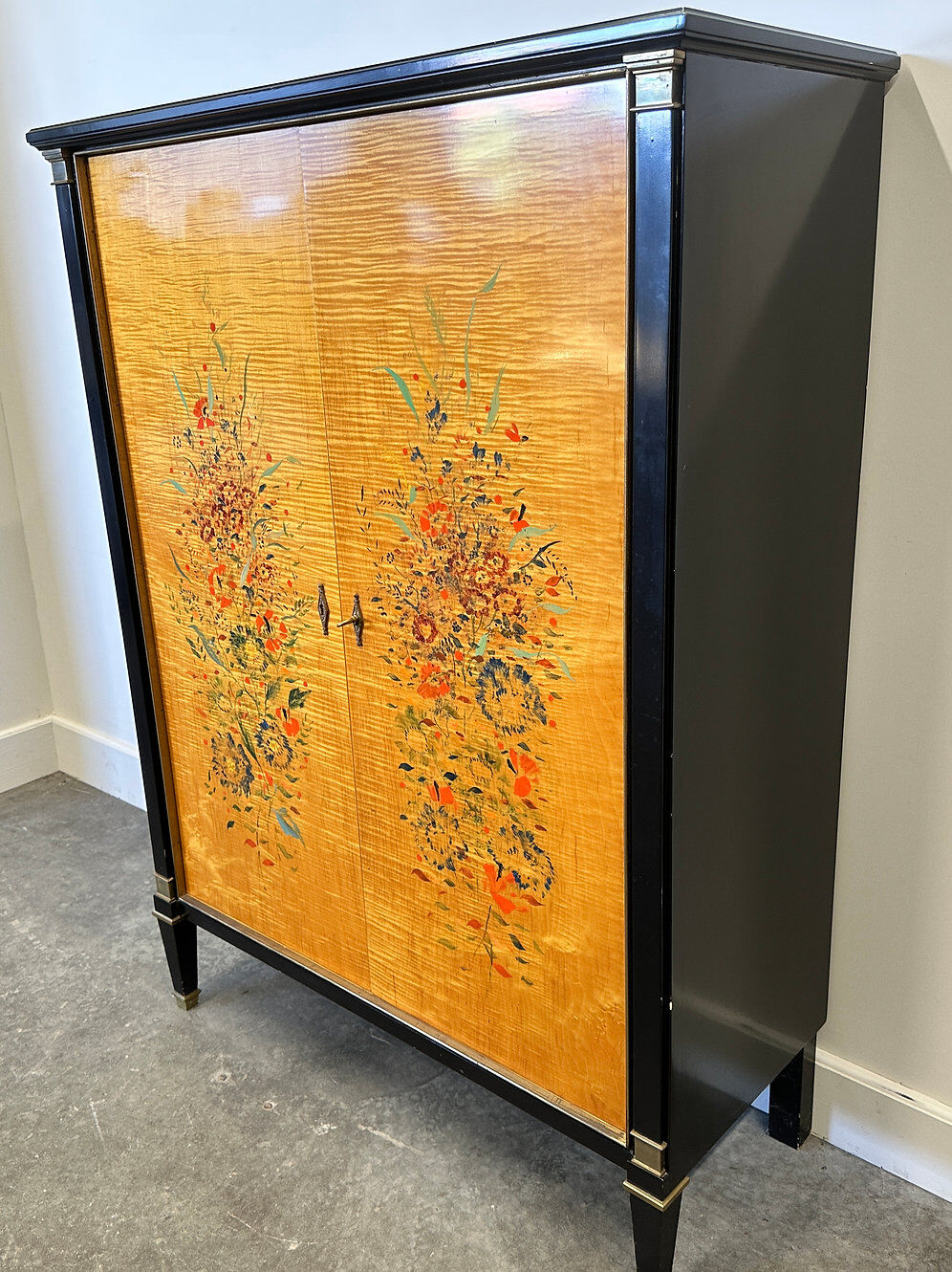 Exquisite 1950s neoclassical sycamore secretaire by Frères De Coene, Belgium.