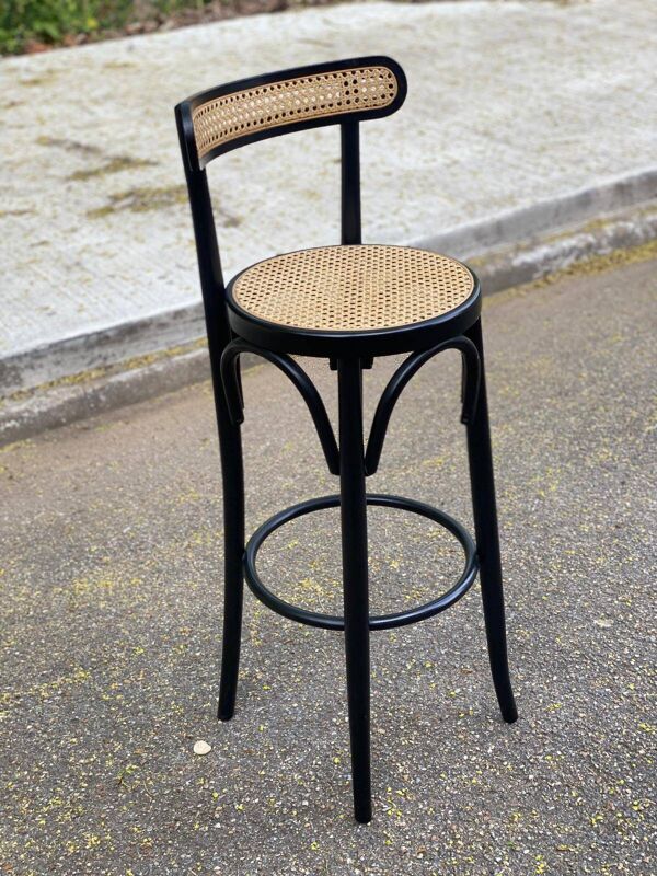 Tabouret de bar bistrot haut en bois courbé noir canné dossier
