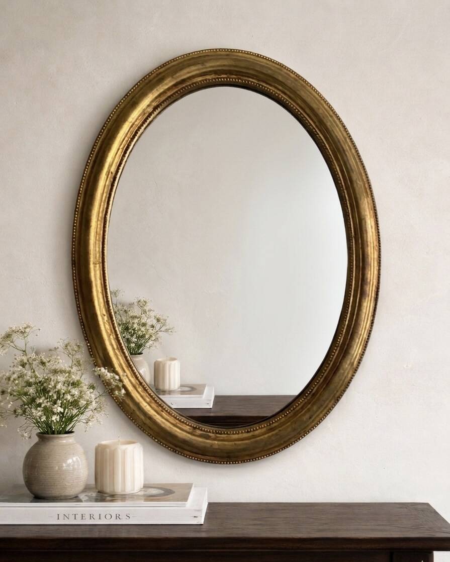 Antique oval gold mirror in Louis XVI style - beautiful patina.