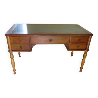 Bureau ministre à rallonges-5 tiroirs-Louis Philippe-bois massif-cuir vert