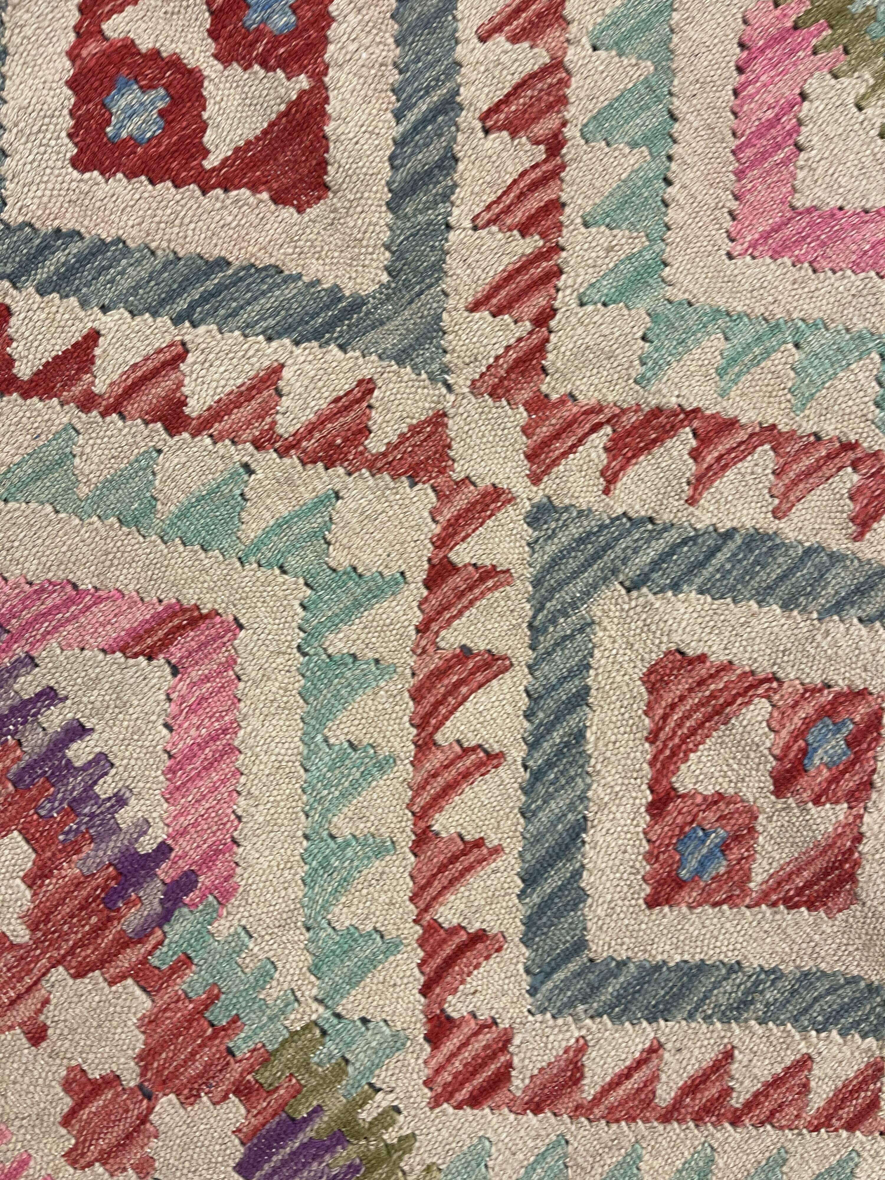 Pink Beige Geometric Kilim Runner Rug 198 x 98 cm