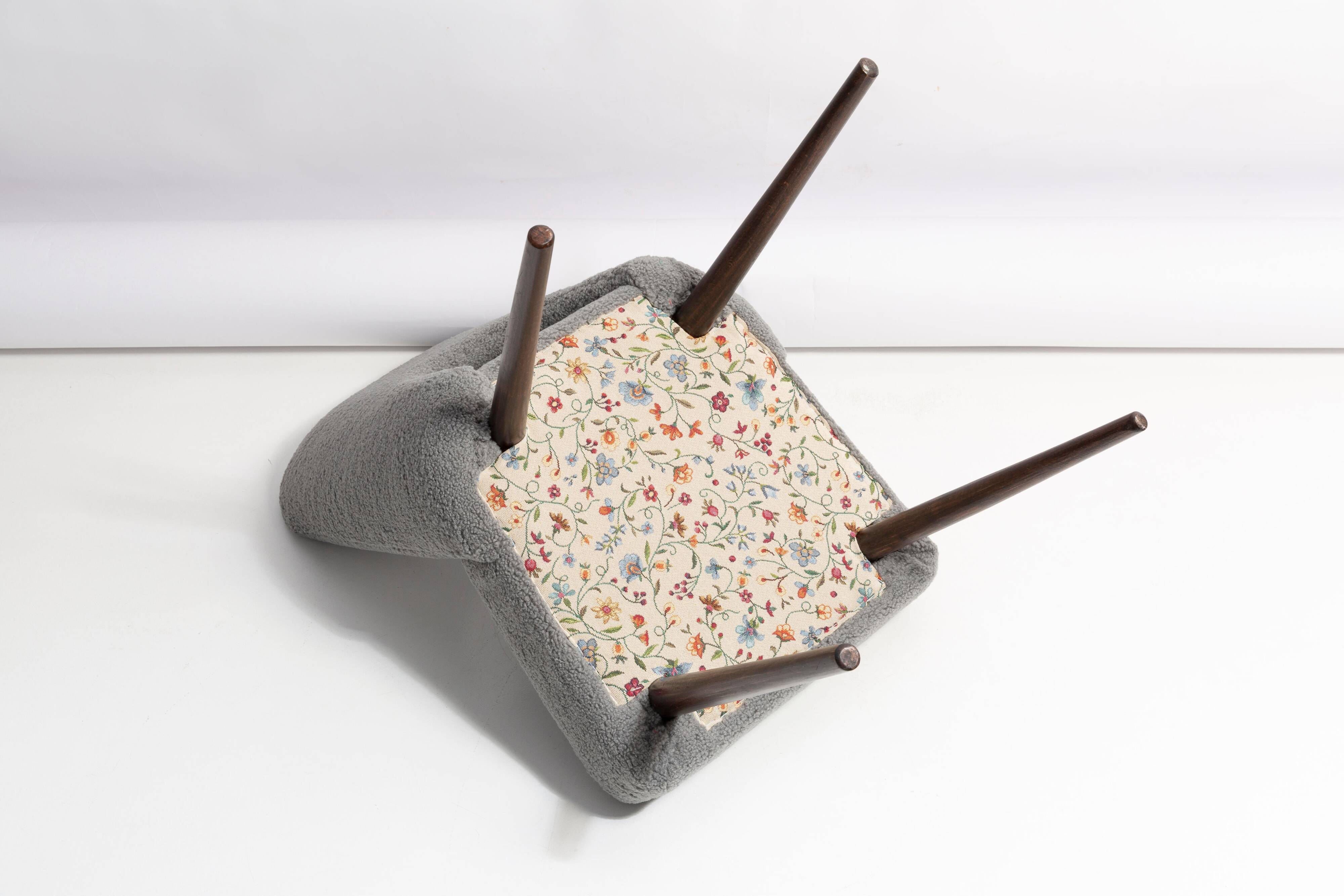 Grey boucle shell chair, dark beech wood, Poland, 1960s.