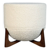 Totemo stool by forme, ivory dedar bouclé upholstery, walnut legs