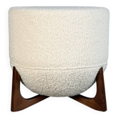 Totemo stool by forme, ivory dedar bouclé upholstery, walnut legs