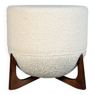 Totemo stool by forme, ivory dedar bouclé upholstery, walnut legs