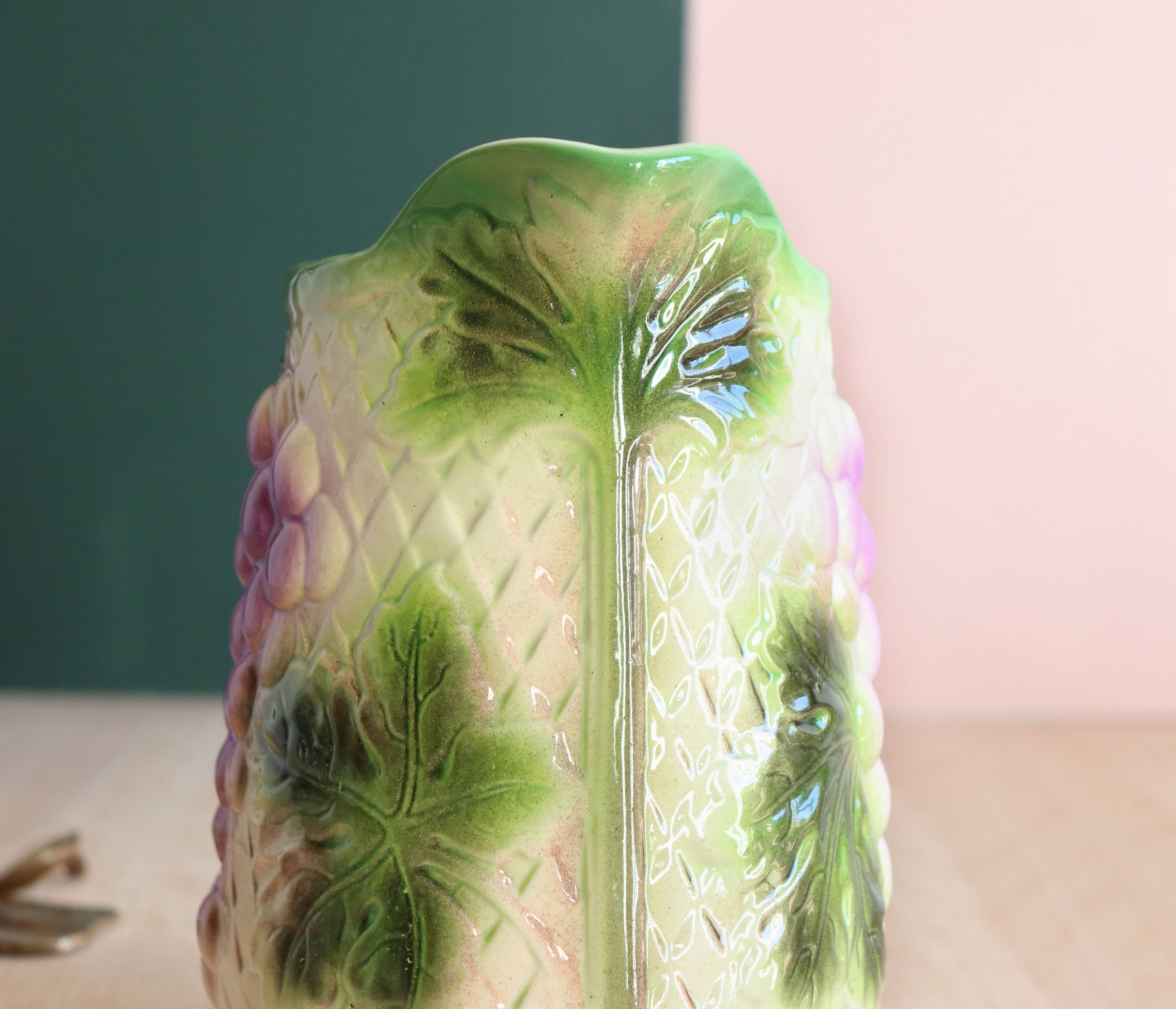 Barbotine pitcher from the 20s/30s with vine and grape decoration, Saint-Clément earthenware factory