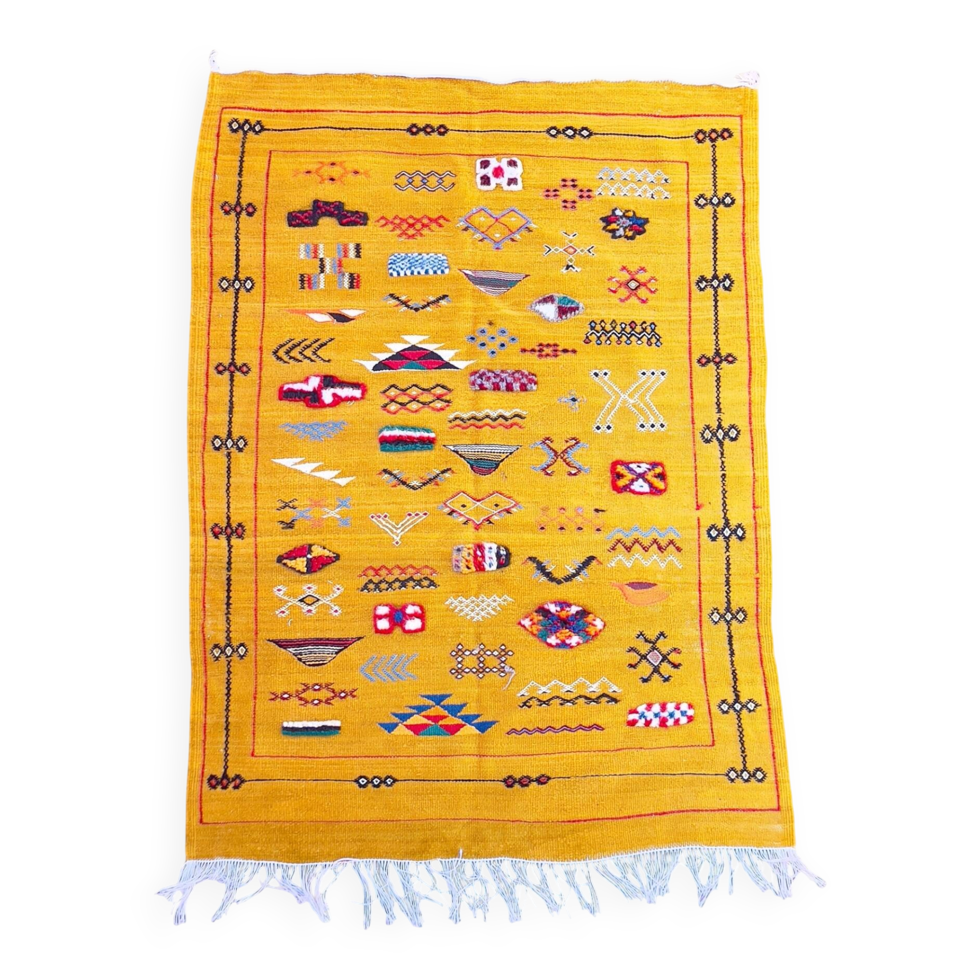 Moroccan kilim rug, colourful vintage tribal flat-woven rug.