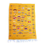 Moroccan kilim rug, colourful vintage tribal flat-woven rug.