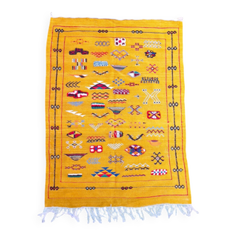 Moroccan kilim rug, colourful vintage tribal flat-woven rug.