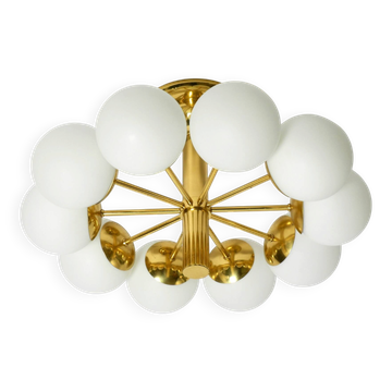 Lampe de plafond en laiton des années 1960 de l'ère spatiale avec 10 boules en verre par Kaiser Leuchten