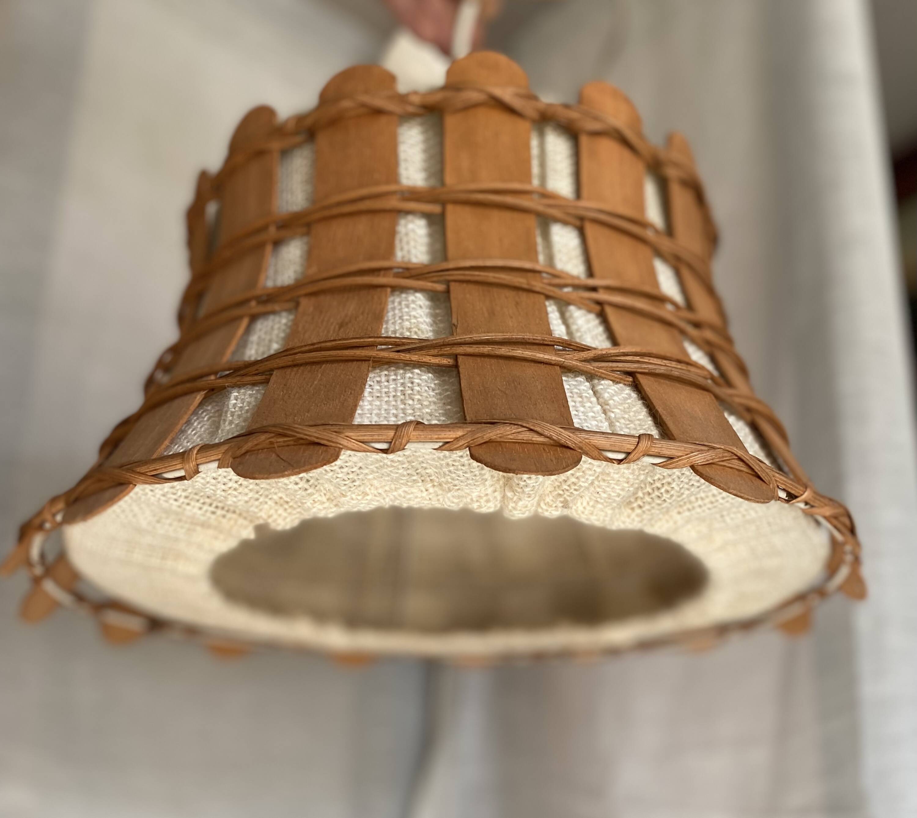 Shabby chic vintage 1960s canvas and wood pendant light