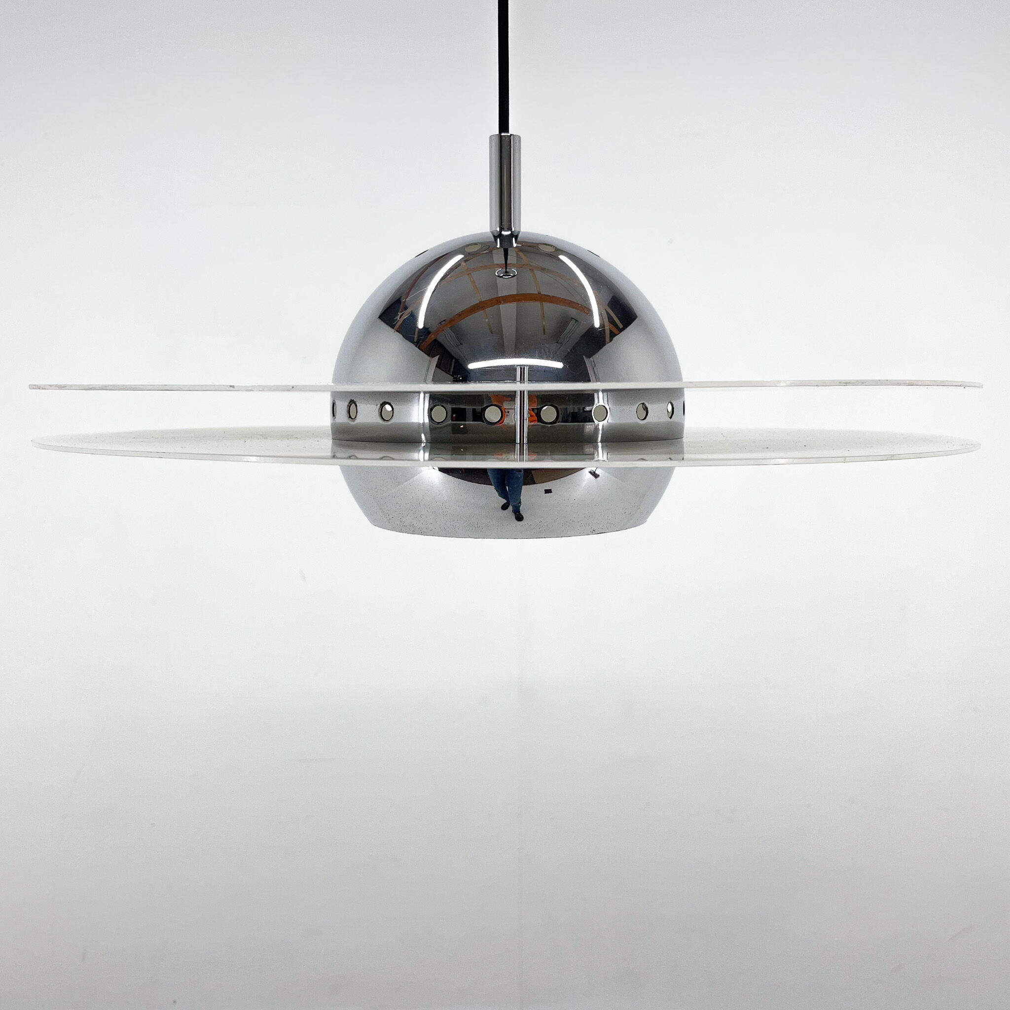 1970's ufo chrome & lacquered metal space age pendant, Italy